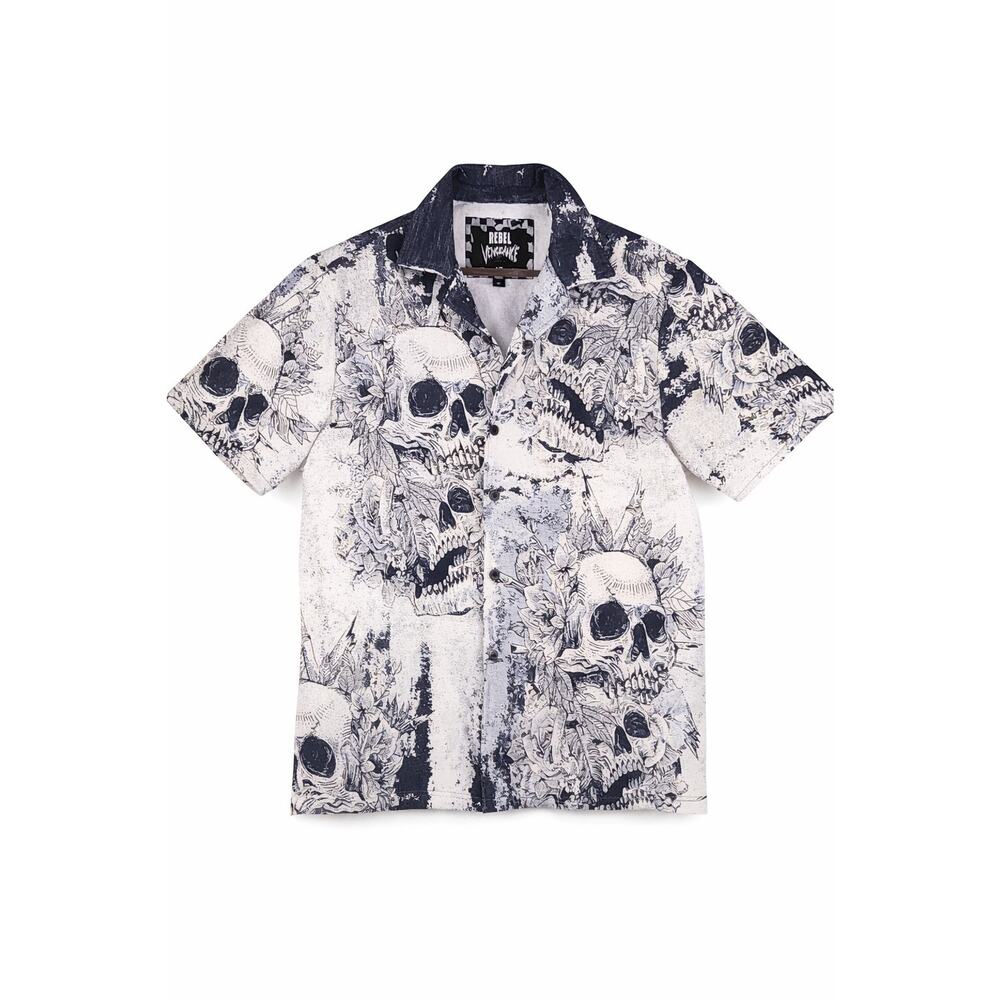 Rebel Vengeance Skull Print Button Up Shirt Men’s Large Goth Punk Streetwear